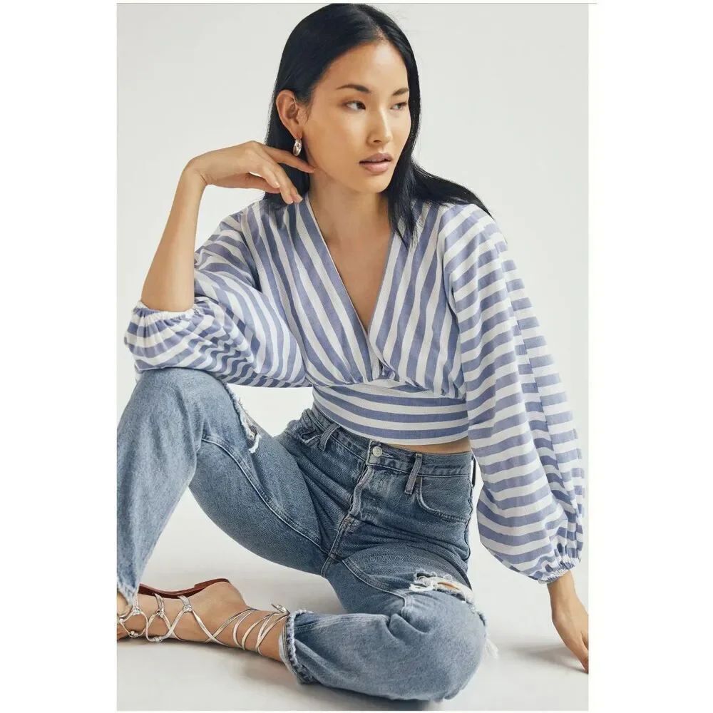 Dolan Blue & White Stripe Tie Back Full Sleeve V-Neck Blouse sz 2X NWOT